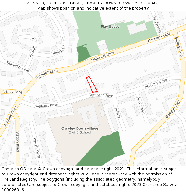 ZENNOR, HOPHURST DRIVE, CRAWLEY DOWN, CRAWLEY, RH10 4UZ: Location map and indicative extent of plot