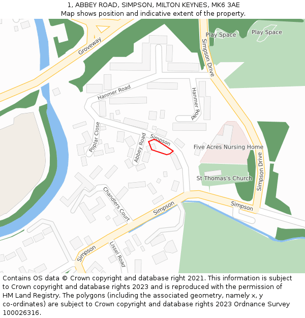 1, ABBEY ROAD, SIMPSON, MILTON KEYNES, MK6 3AE: Location map and indicative extent of plot