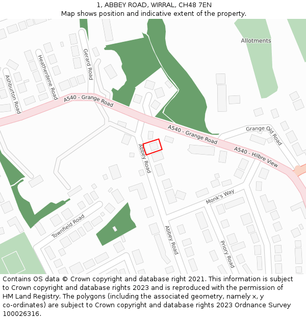 1, ABBEY ROAD, WIRRAL, CH48 7EN: Location map and indicative extent of plot