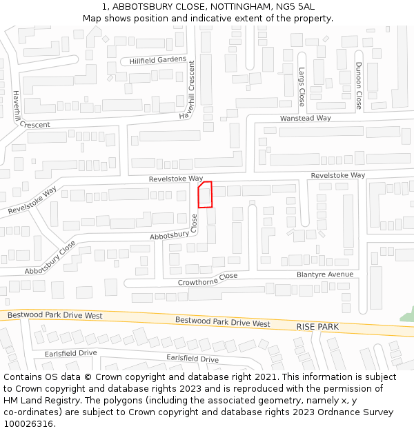 1, ABBOTSBURY CLOSE, NOTTINGHAM, NG5 5AL: Location map and indicative extent of plot