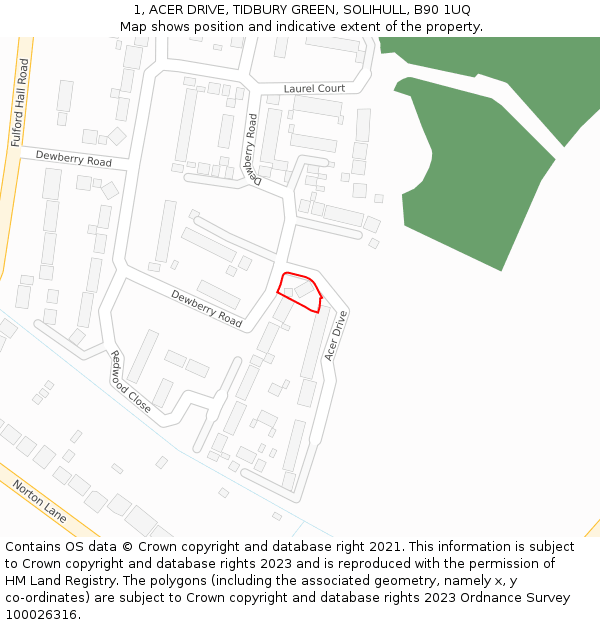 1, ACER DRIVE, TIDBURY GREEN, SOLIHULL, B90 1UQ: Location map and indicative extent of plot