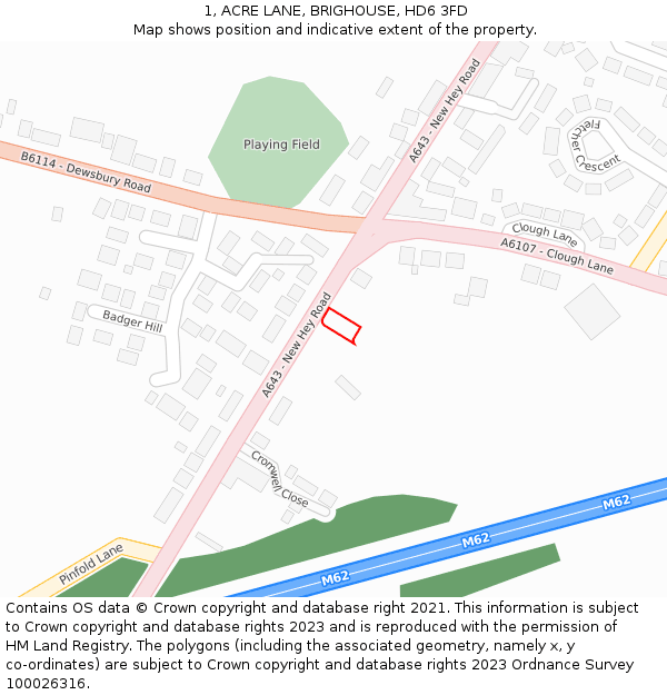 1, ACRE LANE, BRIGHOUSE, HD6 3FD: Location map and indicative extent of plot