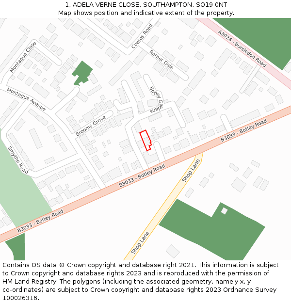 1, ADELA VERNE CLOSE, SOUTHAMPTON, SO19 0NT: Location map and indicative extent of plot