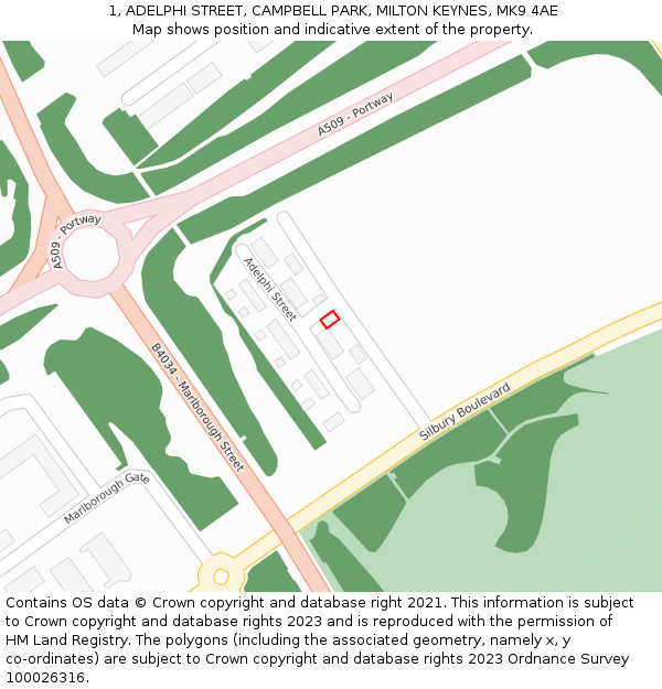 1, ADELPHI STREET, CAMPBELL PARK, MILTON KEYNES, MK9 4AE: Location map and indicative extent of plot