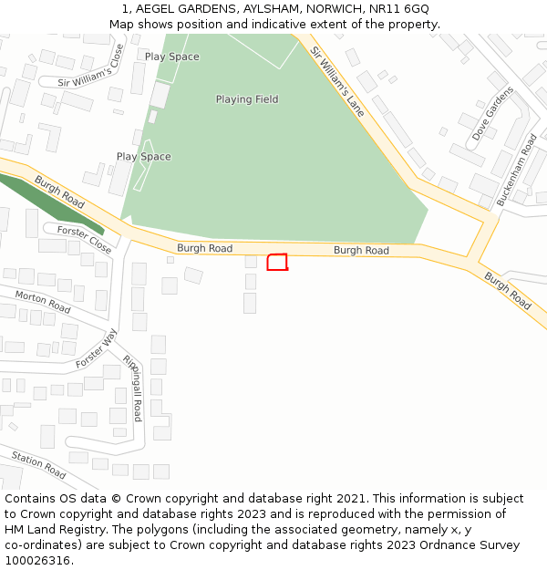 1, AEGEL GARDENS, AYLSHAM, NORWICH, NR11 6GQ: Location map and indicative extent of plot