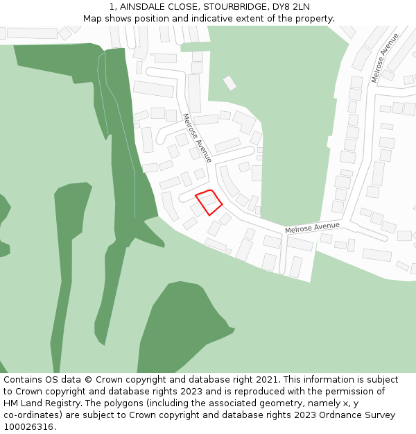 1, AINSDALE CLOSE, STOURBRIDGE, DY8 2LN: Location map and indicative extent of plot