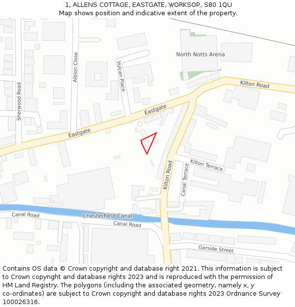 1, ALLENS COTTAGE, EASTGATE, WORKSOP, S80 1QU: Location map and indicative extent of plot
