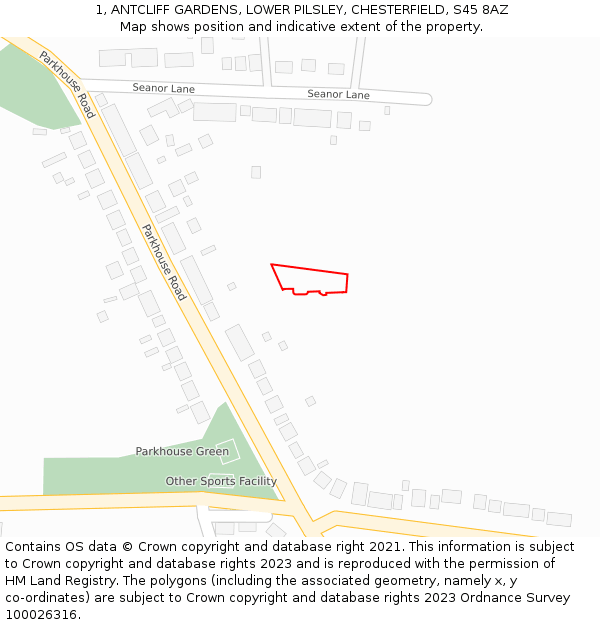 1, ANTCLIFF GARDENS, LOWER PILSLEY, CHESTERFIELD, S45 8AZ: Location map and indicative extent of plot