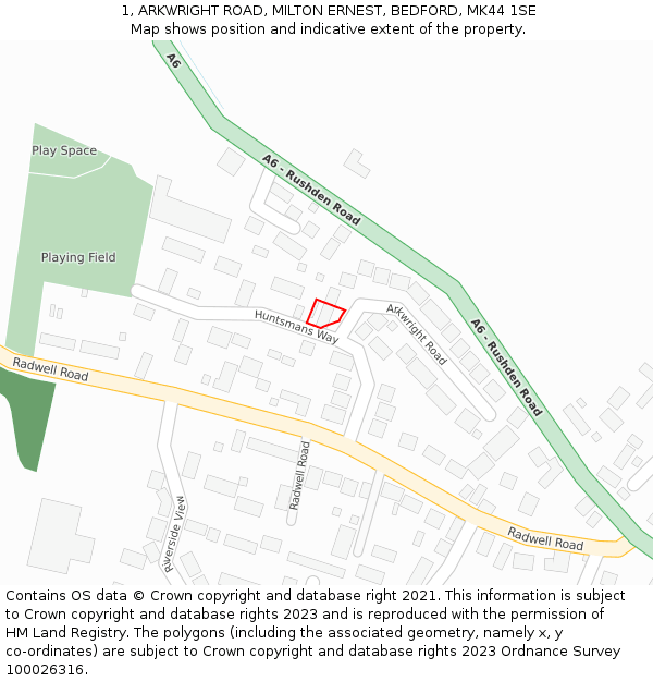 1, ARKWRIGHT ROAD, MILTON ERNEST, BEDFORD, MK44 1SE: Location map and indicative extent of plot