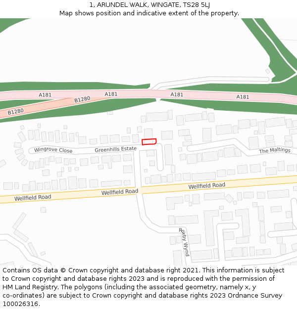 1, ARUNDEL WALK, WINGATE, TS28 5LJ: Location map and indicative extent of plot