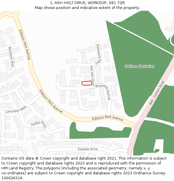 1, ASH HOLT DRIVE, WORKSOP, S81 7QR: Location map and indicative extent of plot