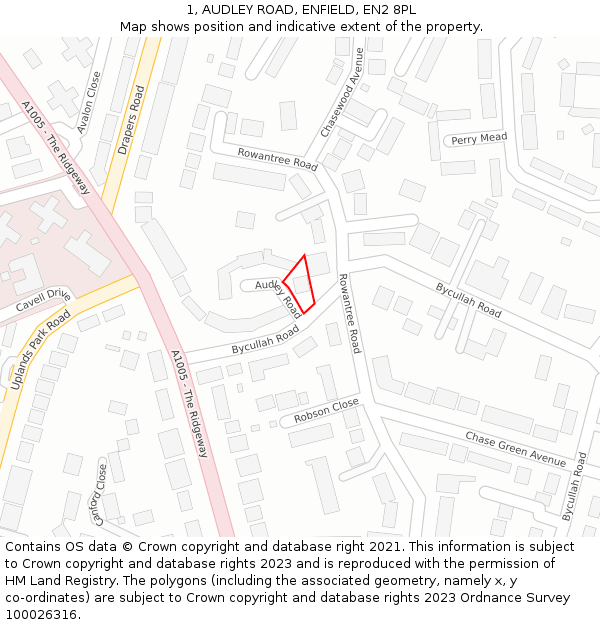 1, AUDLEY ROAD, ENFIELD, EN2 8PL: Location map and indicative extent of plot