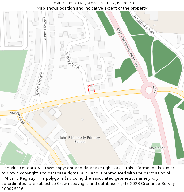 1, AVEBURY DRIVE, WASHINGTON, NE38 7BT: Location map and indicative extent of plot