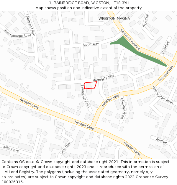 1, BAINBRIDGE ROAD, WIGSTON, LE18 3YH: Location map and indicative extent of plot