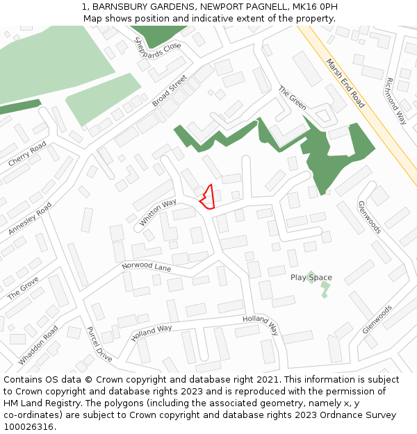 1, BARNSBURY GARDENS, NEWPORT PAGNELL, MK16 0PH: Location map and indicative extent of plot