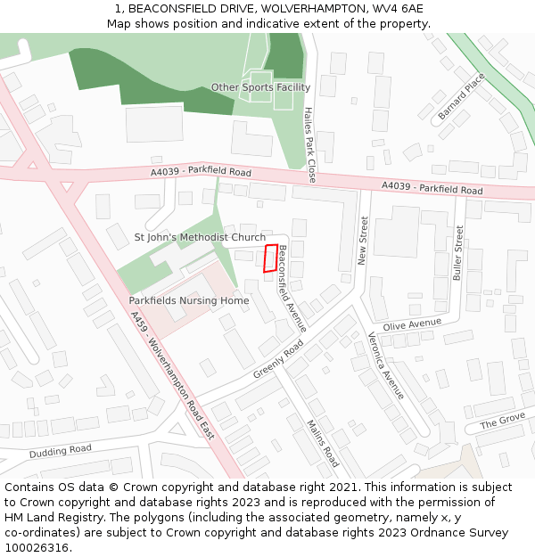 1, BEACONSFIELD DRIVE, WOLVERHAMPTON, WV4 6AE: Location map and indicative extent of plot