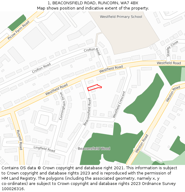 1, BEACONSFIELD ROAD, RUNCORN, WA7 4BX: Location map and indicative extent of plot