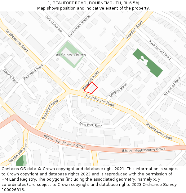 1, BEAUFORT ROAD, BOURNEMOUTH, BH6 5AJ: Location map and indicative extent of plot