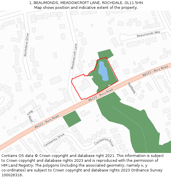 1, BEAUMONDS, MEADOWCROFT LANE, ROCHDALE, OL11 5HN: Location map and indicative extent of plot