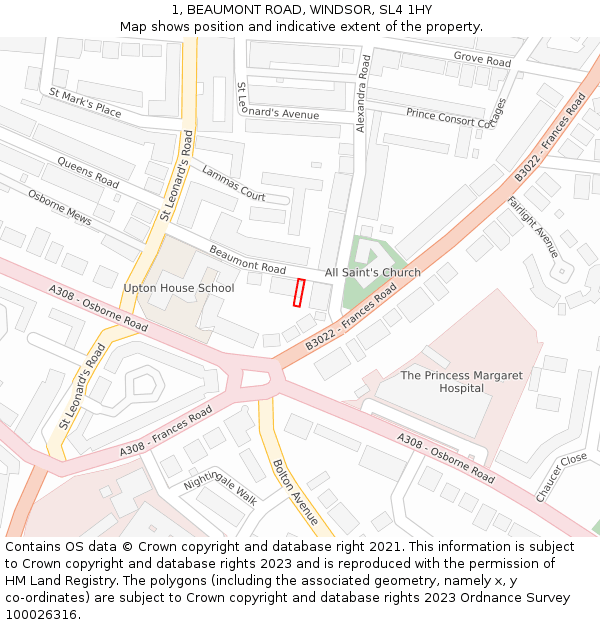 1, BEAUMONT ROAD, WINDSOR, SL4 1HY: Location map and indicative extent of plot