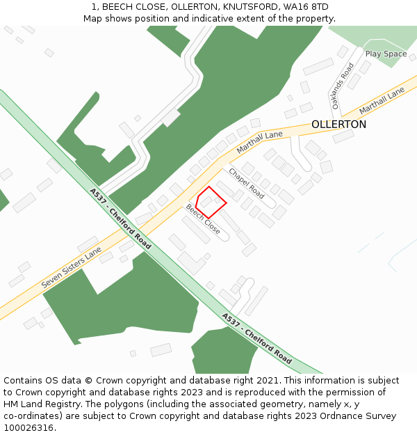 1, BEECH CLOSE, OLLERTON, KNUTSFORD, WA16 8TD: Location map and indicative extent of plot