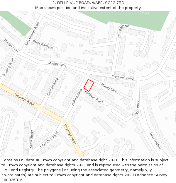 1, BELLE VUE ROAD, WARE, SG12 7BD: Location map and indicative extent of plot