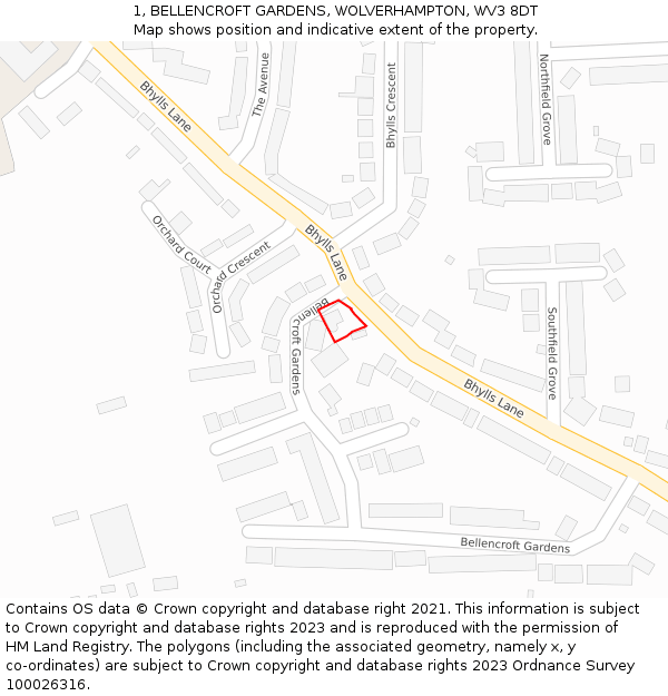 1, BELLENCROFT GARDENS, WOLVERHAMPTON, WV3 8DT: Location map and indicative extent of plot