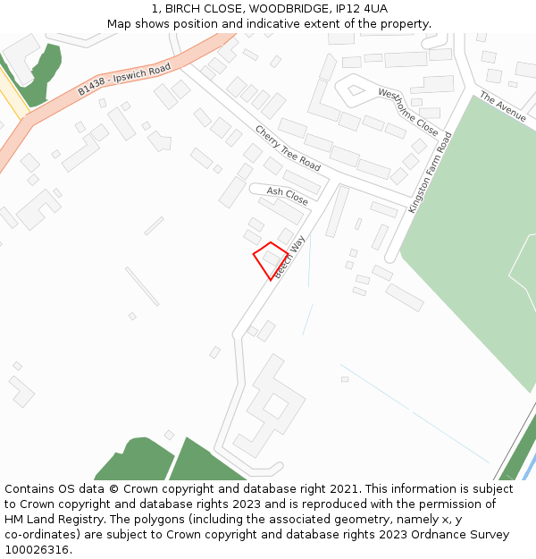 1, BIRCH CLOSE, WOODBRIDGE, IP12 4UA: Location map and indicative extent of plot