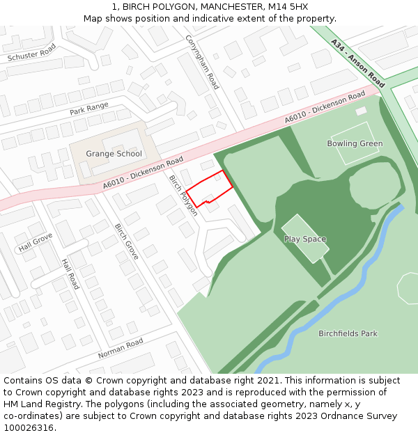 1, BIRCH POLYGON, MANCHESTER, M14 5HX: Location map and indicative extent of plot