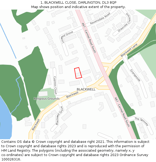 1, BLACKWELL CLOSE, DARLINGTON, DL3 8QP: Location map and indicative extent of plot