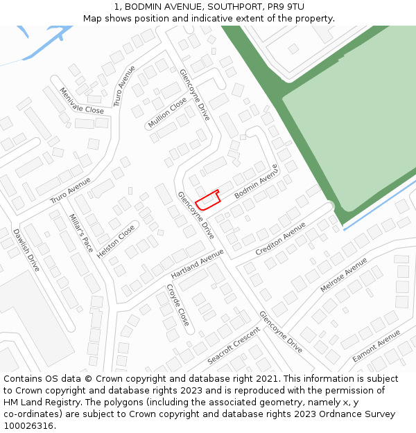 1, BODMIN AVENUE, SOUTHPORT, PR9 9TU: Location map and indicative extent of plot