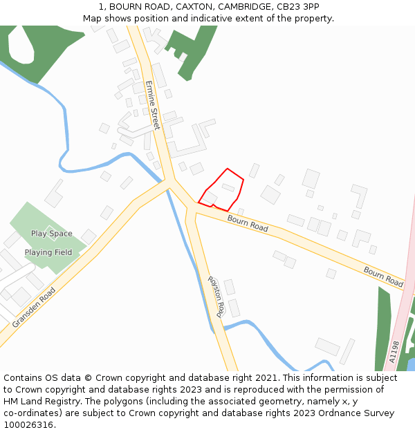 1, BOURN ROAD, CAXTON, CAMBRIDGE, CB23 3PP: Location map and indicative extent of plot