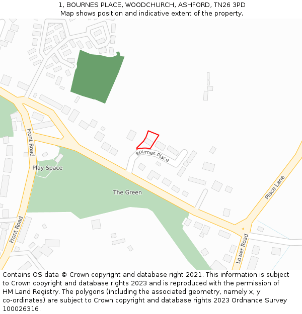 1, BOURNES PLACE, WOODCHURCH, ASHFORD, TN26 3PD: Location map and indicative extent of plot