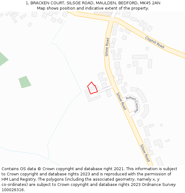 1, BRACKEN COURT, SILSOE ROAD, MAULDEN, BEDFORD, MK45 2AN: Location map and indicative extent of plot