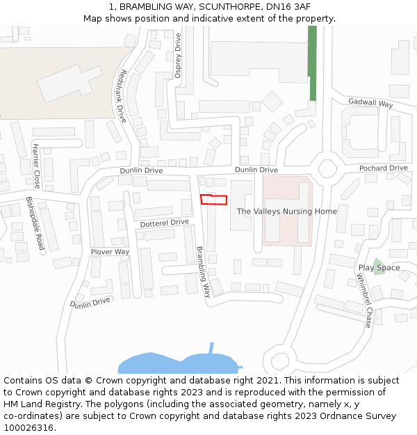 1, BRAMBLING WAY, SCUNTHORPE, DN16 3AF: Location map and indicative extent of plot