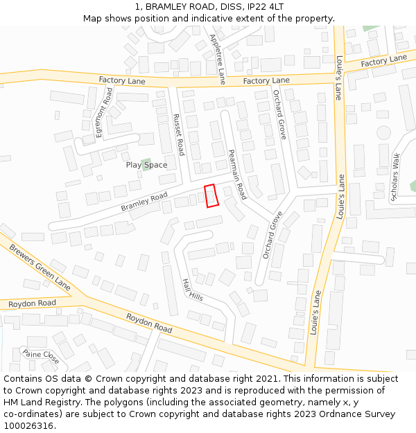 1, BRAMLEY ROAD, DISS, IP22 4LT: Location map and indicative extent of plot