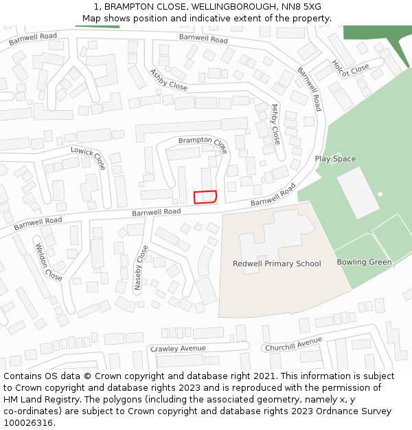 1, BRAMPTON CLOSE, WELLINGBOROUGH, NN8 5XG: Location map and indicative extent of plot
