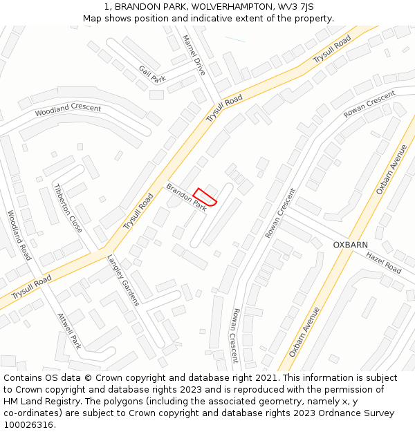 1, BRANDON PARK, WOLVERHAMPTON, WV3 7JS: Location map and indicative extent of plot