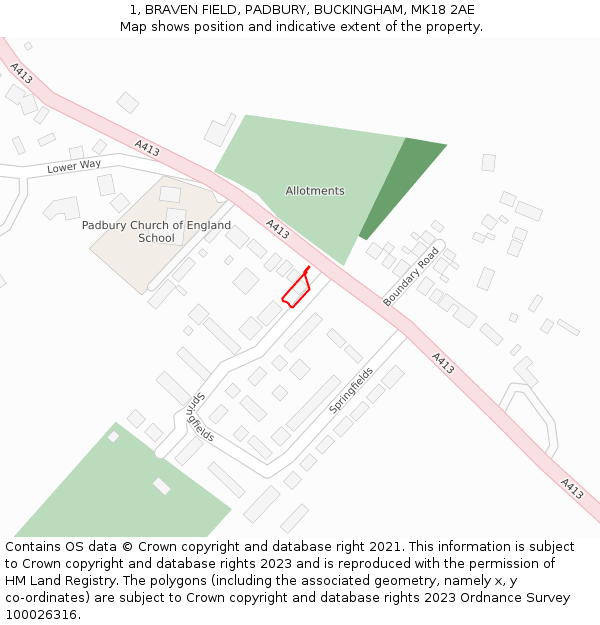 1, BRAVEN FIELD, PADBURY, BUCKINGHAM, MK18 2AE: Location map and indicative extent of plot