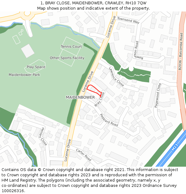 1, BRAY CLOSE, MAIDENBOWER, CRAWLEY, RH10 7QW: Location map and indicative extent of plot