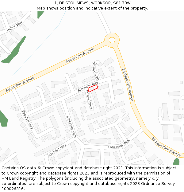 1, BRISTOL MEWS, WORKSOP, S81 7RW: Location map and indicative extent of plot