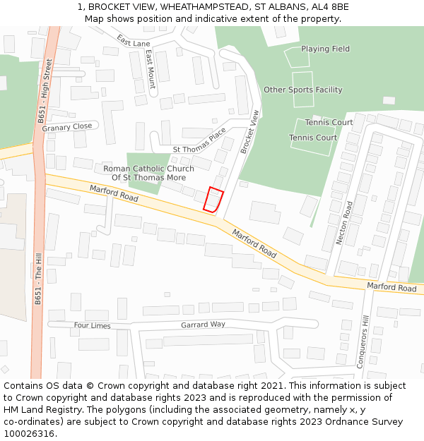 1, BROCKET VIEW, WHEATHAMPSTEAD, ST ALBANS, AL4 8BE: Location map and indicative extent of plot