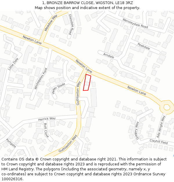 1, BRONZE BARROW CLOSE, WIGSTON, LE18 3RZ: Location map and indicative extent of plot