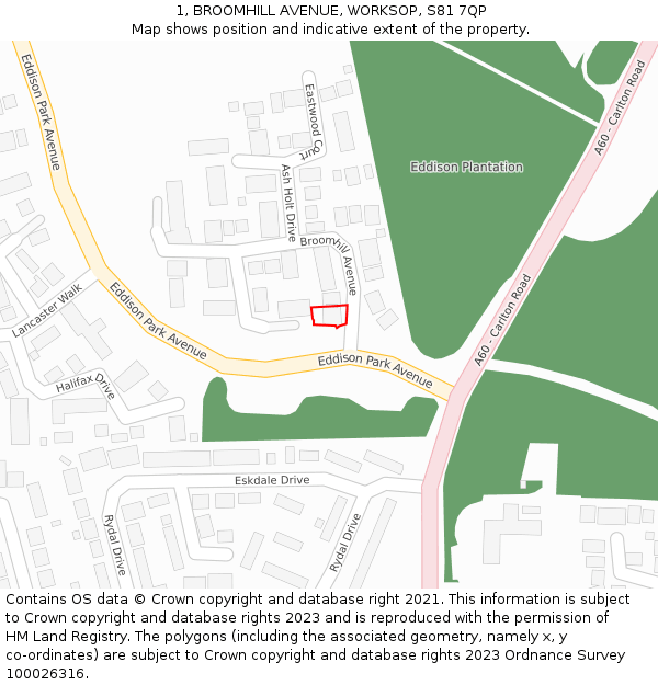 1, BROOMHILL AVENUE, WORKSOP, S81 7QP: Location map and indicative extent of plot