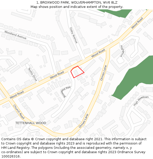 1, BROXWOOD PARK, WOLVERHAMPTON, WV6 8LZ: Location map and indicative extent of plot