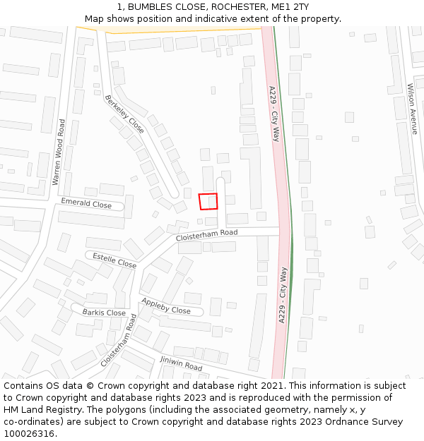 1, BUMBLES CLOSE, ROCHESTER, ME1 2TY: Location map and indicative extent of plot