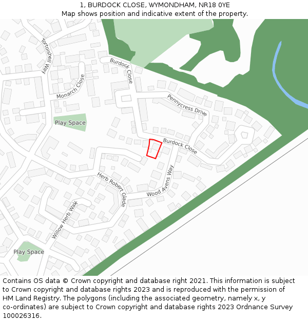 1, BURDOCK CLOSE, WYMONDHAM, NR18 0YE: Location map and indicative extent of plot