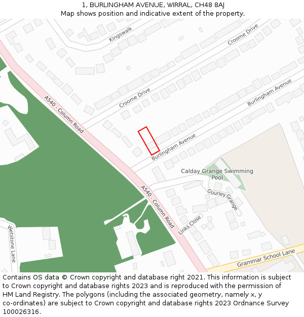 1, BURLINGHAM AVENUE, WIRRAL, CH48 8AJ: Location map and indicative extent of plot