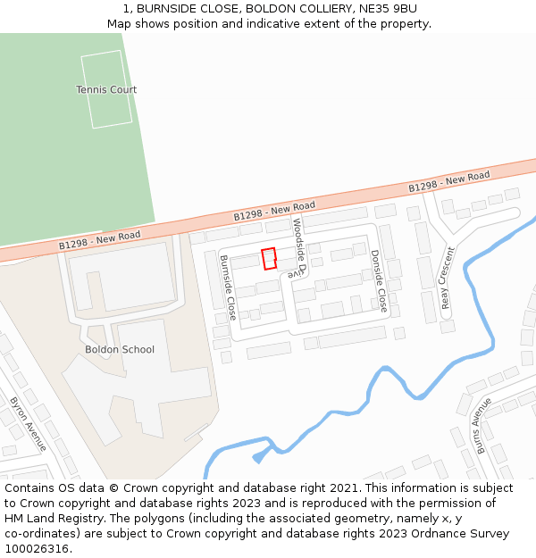 1, BURNSIDE CLOSE, BOLDON COLLIERY, NE35 9BU: Location map and indicative extent of plot