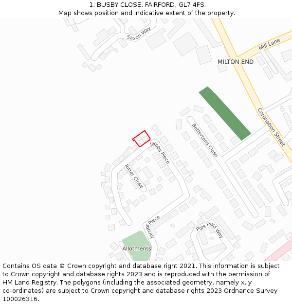 1, BUSBY CLOSE, FAIRFORD, GL7 4FS: Location map and indicative extent of plot